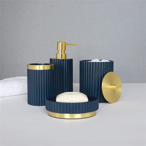 navy and gold bathroom accessories.